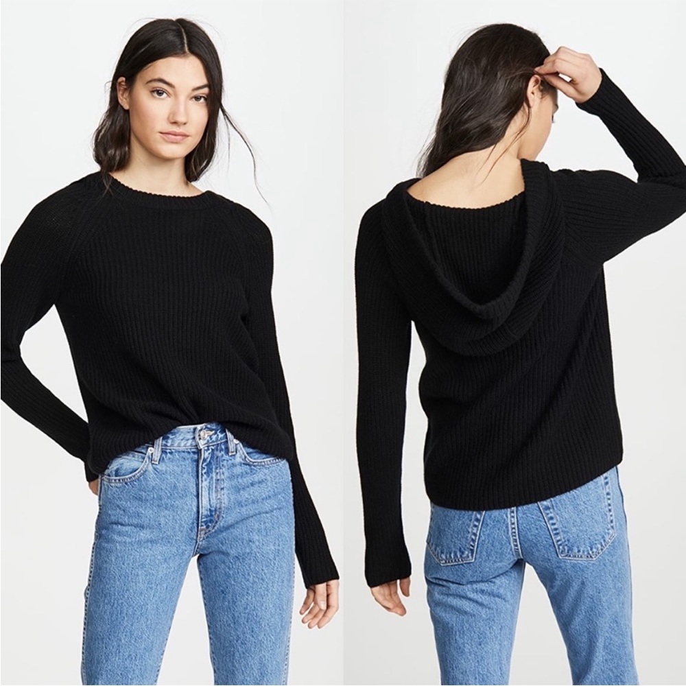 VINCE Cashmere Wool Ribbed Hooded Pullover Sweater Black S - Picture 2 of 12